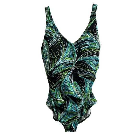 Speedo Womens One-Piece Swimsuit Black Green Abstract Print Size 10 - Picture 1 of 8